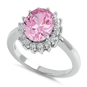 Features a stunning 2-carat pink oval center stone
The center stone is surrounded by a dazzling halo of 16 CZ stones
An additional 19 CZ stones of various sizes