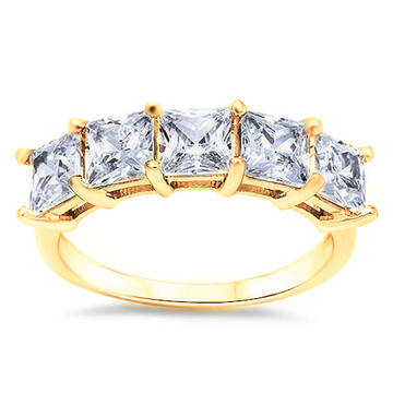 This eternity ring features 5, .75 carat princess-cut stones
Set in a 925 certified sterling silver band, plated in gold
Available in sizes 4 through 11