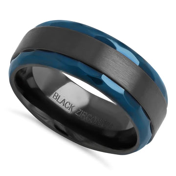 This ring features a unique combination of matte black and dark blue, adding a touch of flair to its brushed and high polish finish.

Crafted from black zirconium
Band width measures 8.0mm