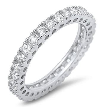 Clear Triple A CZ stones embedded all the way around the band

Sterling silver plated in Rhodium for extra shine and durability
Available in sizes 5 through 12