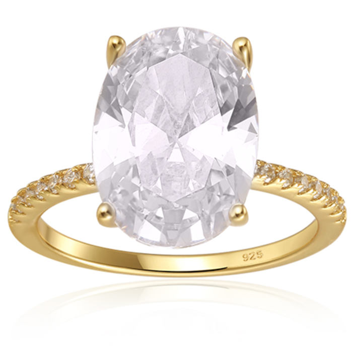 This dazzling 4-carat oval cut stone is 100% simulated diamond material (AAA CZ)
Classic solitaire setting is made of certified 925 sterling silver and plated in 14k gold
Exquisite oval stone is set in a 4-prong setting with a pavè band
Available in silver and in sizes 4 through 11