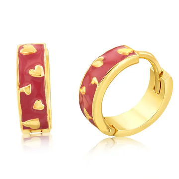 Sweetheart Earrings - Flirty and Fun with a Pop of Red these gold based Huggie earrings have red enamel with raised gold hearts showing through.