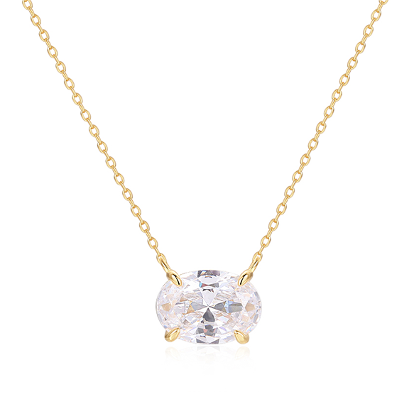 Classic solitaire setting is made of certified 925 sterling silver
Plated in 14k gold and set in a 4-prong setting
Measures 18 inches long with a 2-inch linking chain
Also available in silver