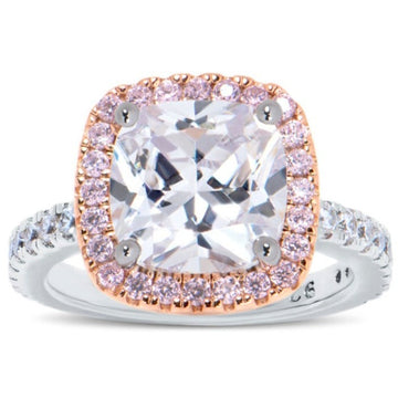Features a stunning 2.75-carat cushion center stone
Surrounded by a glorious pink halo on a rose gold raised setting
Pavé band set in a prong setting in sterling silver
Available in sizes 4 through 12