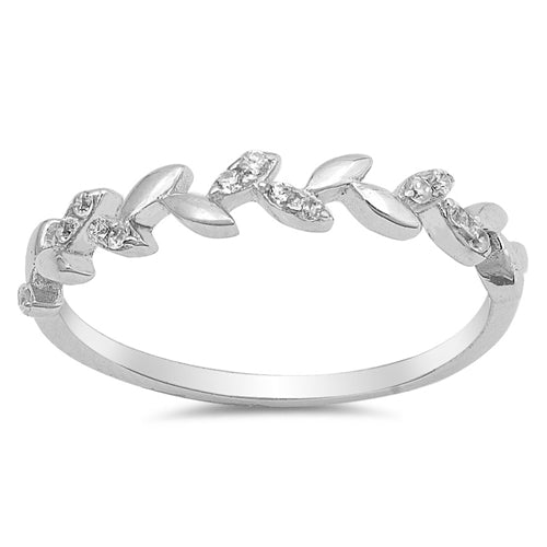 Features sterling silver band with alternating with 2 CZ stone
Face height is 4mm
The leaves cover over half of the circumference of the ring
Available in sizes 4 through 10