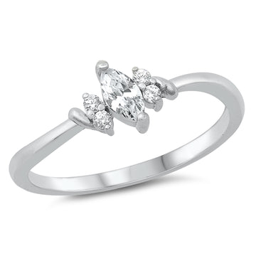 Features a .25 carat stone cut in marquis shape
Set at an angle with 2 small round cut stones on each side
100% simulated diamond material stones (AAA CZ)
Set in a beautiful prong finish with 925 certified sterling silver and is plated in Rhodium
Available in sizes 4 through 10
